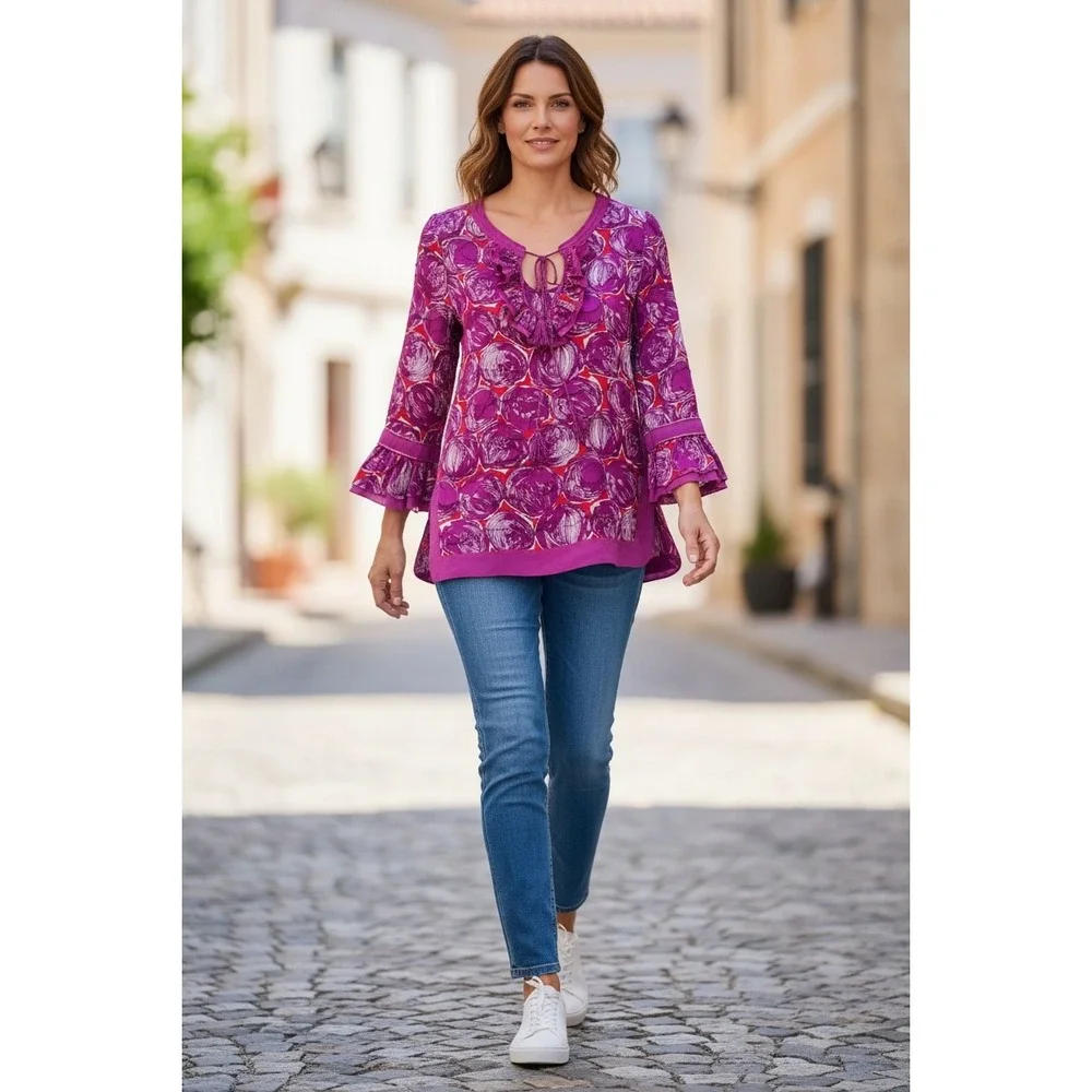 Tory Burch Floral‎ Bell Sleeve Tassel Tie Neck Bohemian Habanero Tunic Size 6